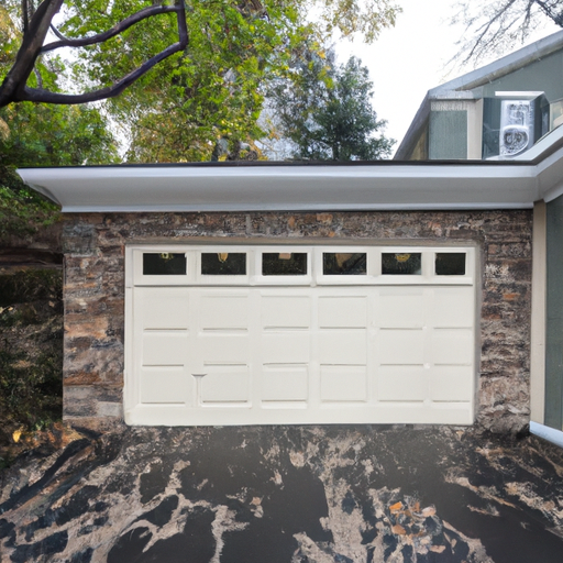Subset of a stone-faced Bernardsville home showing a modern insulated garage door with visible seals and driveway under soft daylight.