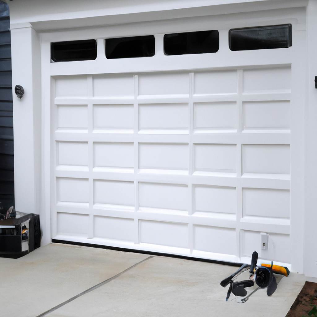 A clean white suburban garage door with maintenance tools laid out on a driveway