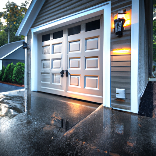 Bernardsville driveway with a modern garage door and visible smart keypad in early morning light.