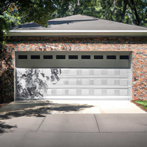Suburban Bernardsville garage with modern insulated steel door, visible panels and weatherstripping, daytime exterior view.