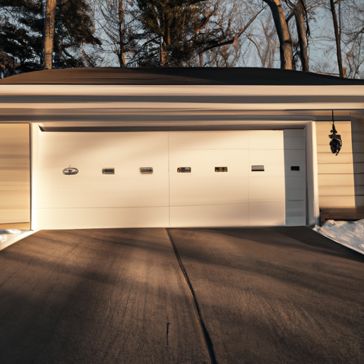 Suburban Bernardsville driveway with a modern garage door and motorized opener at golden hour, slight snow at edges.