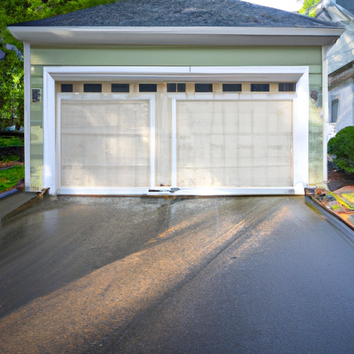 Suburban Bernardsville two-car garage door with wet driveway and visible tracks in morning light.