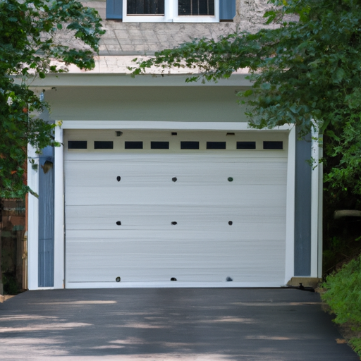 Suburban Bernardsville home with a clean sectional garage door, tracks and weatherstripping visible, late spring setting.
