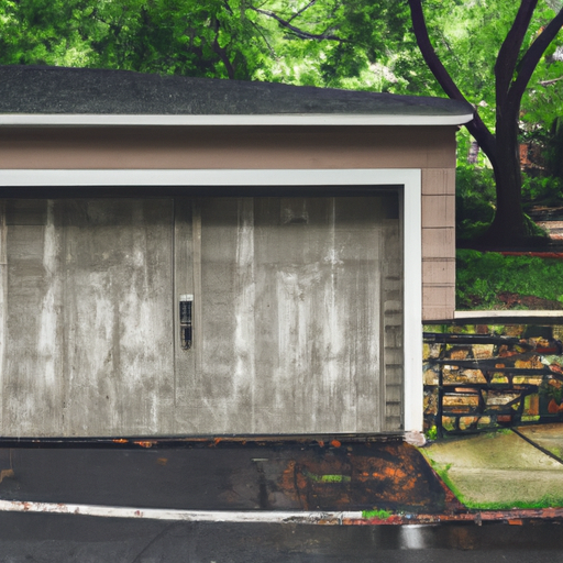Suburban Bernardsville garage door slightly open with stone wall and trees, overcast daylight.