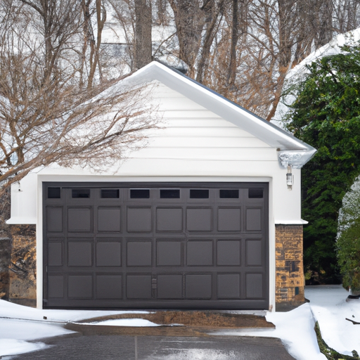 Insulated steel garage door on a suburban Bernardsville home with light snow on driveway and surrounding trees.