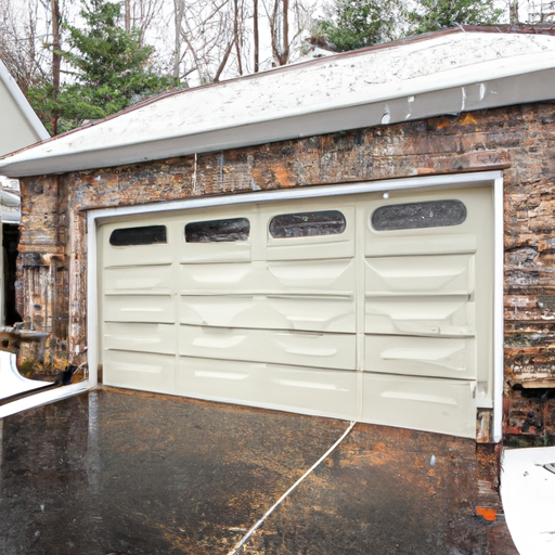 Bernardsville home with an insulated garage door, stone facade and light snow on the driveway.