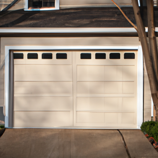 Insulated sectional garage door on a suburban Bernardsville, NJ home, closed in late afternoon light.