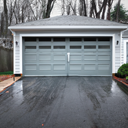 Suburban Bernardsville home with a closed modern paneled garage door, wet driveway and visible tracks, no people.