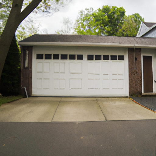 Suburban Bernardsville driveway with a modern residential garage door and visible hardware, no people or logos.