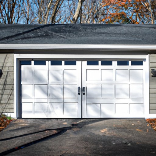 Suburban Bernardsville garage door with visible opener housing and new weatherstripping on a crisp late-autumn day.