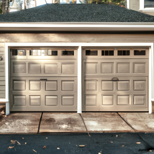 Bernardsville residential garage with a closed insulated steel sectional door, visible seals and tidy driveway in soft daylight.