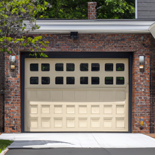 Editorial view of a suburban garage door in Bernardsville showing door panels, track and opener with driveway and trees.