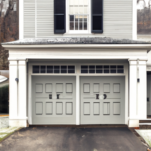 Colonial-style Bernardsville home with a closed garage door and visible weather seals, light frost on driveway.