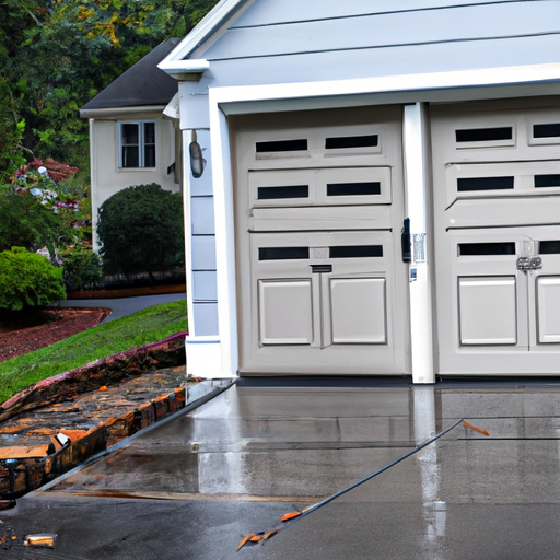 Suburban Bernardsville driveway with a modern insulated garage door, visible weatherstripping and threshold, morning light.