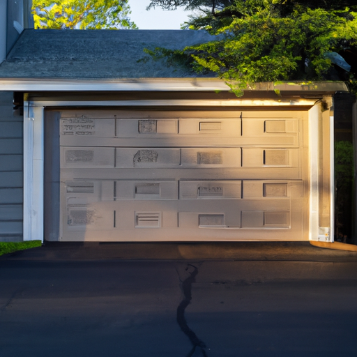 Suburban Bernardsville home with a closed insulated garage door at golden hour, tree-lined driveway visible