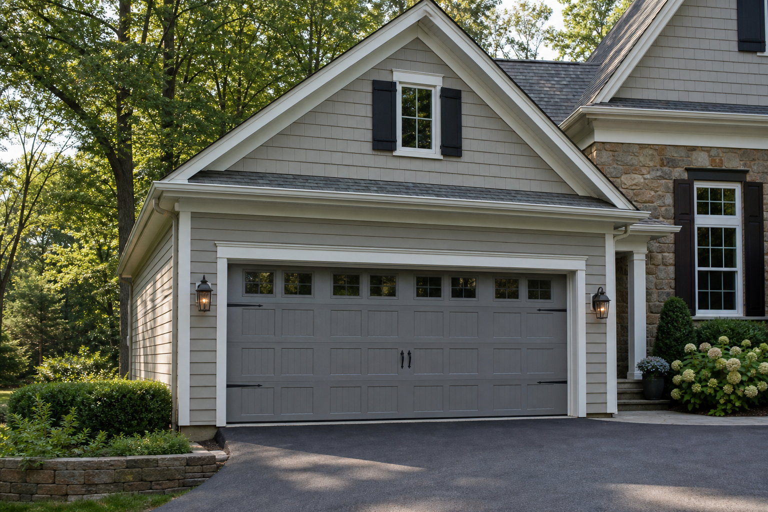 Suburban home exterior in Bernardsville with a visible garage door in natural daylight